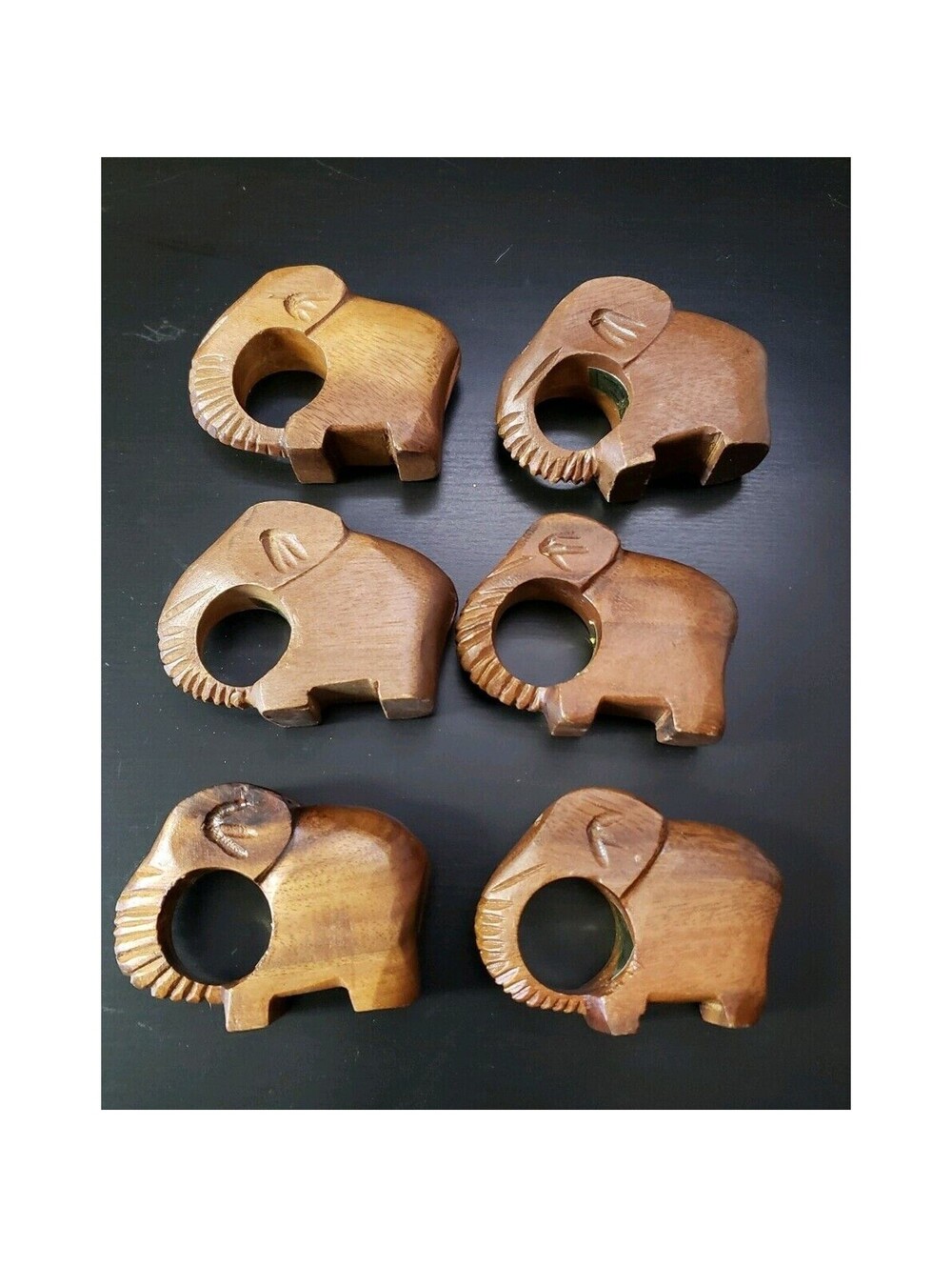 Vintage Hand Carved Wooden Elephant Napkin Holders Philippines Set Of 6 1970's